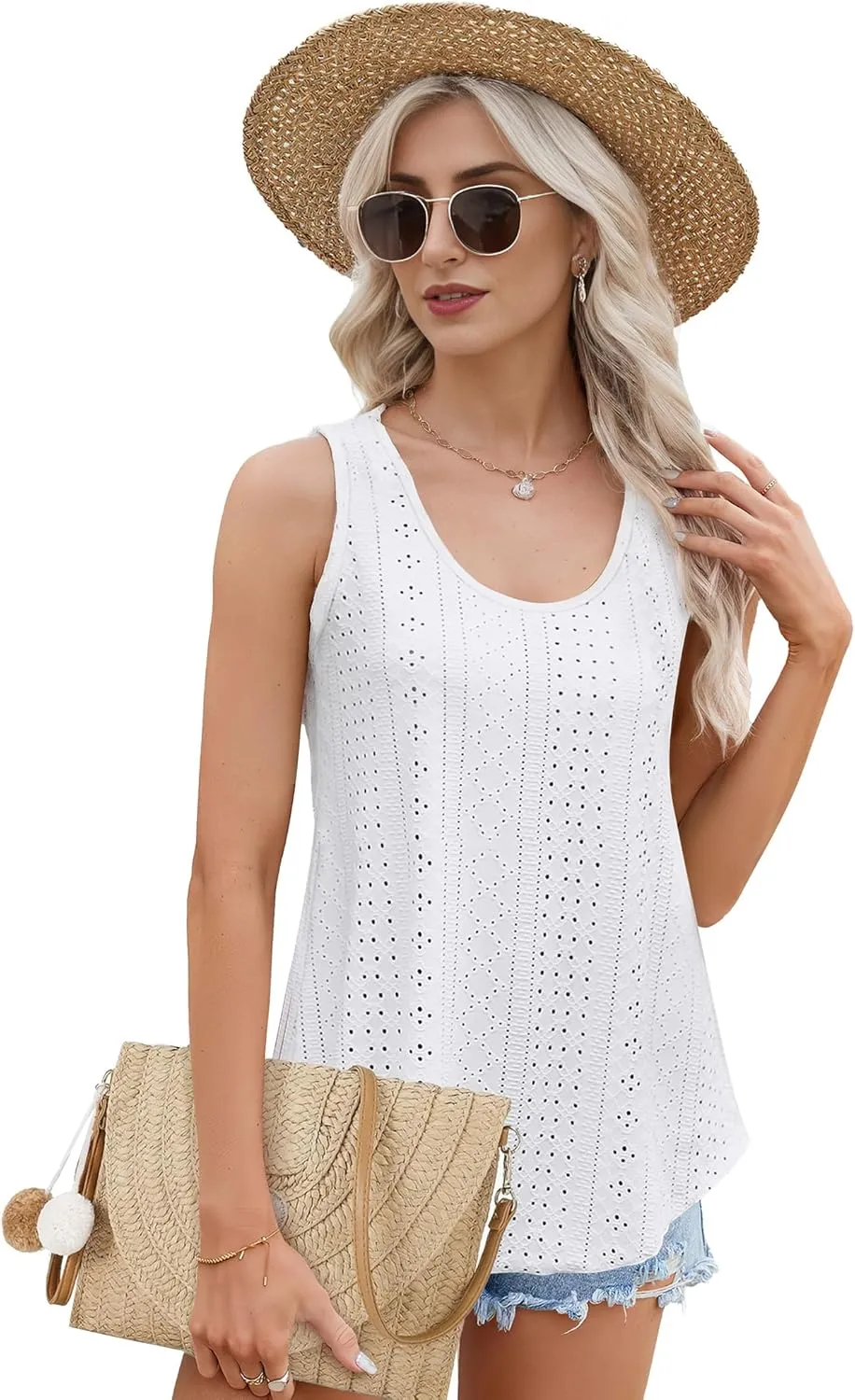 Buauty Women's Tank Tops Sleeveless Camisoles Eyelet Embroidery Shirts Summer Scoop Neck Flowy Loose Fit Dressy Casual Outfit