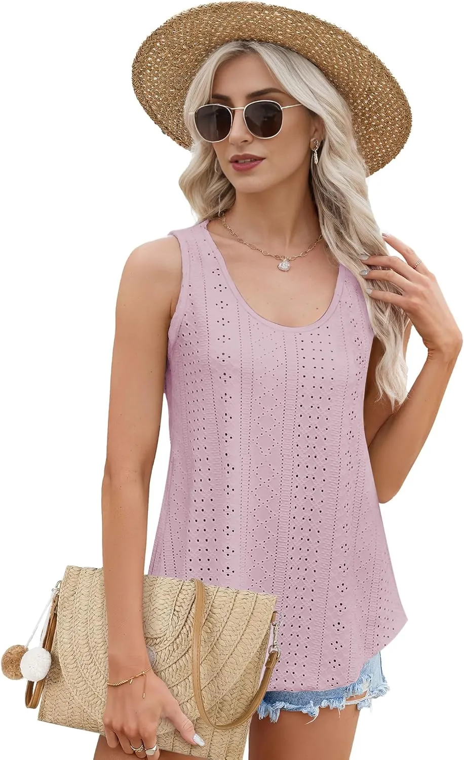 Buauty Women's Tank Tops Sleeveless Camisoles Eyelet Embroidery Shirts Summer Scoop Neck Flowy Loose Fit Dressy Casual Outfit