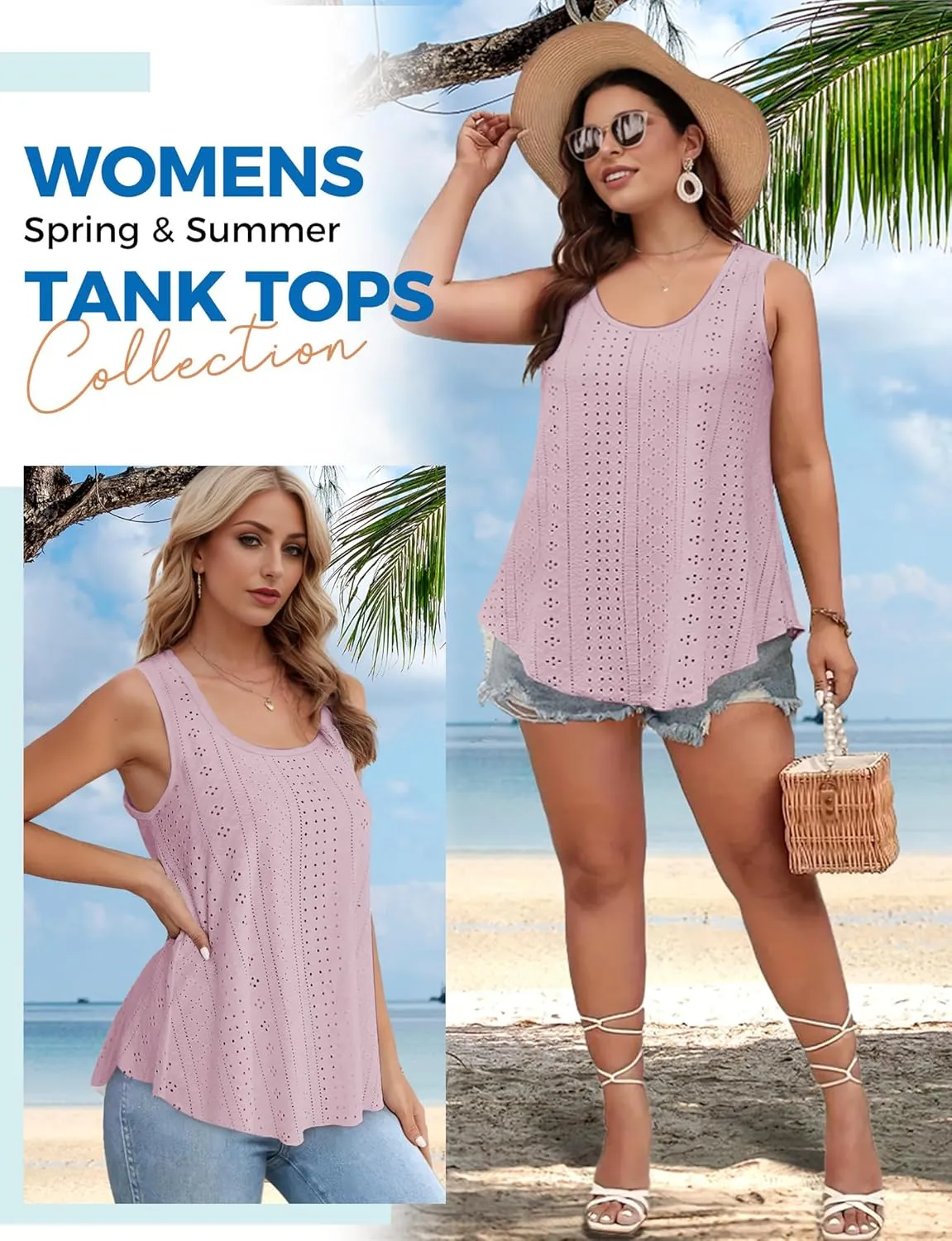 Buauty Women's Tank Tops Sleeveless Camisoles Eyelet Embroidery Shirts Summer Scoop Neck Flowy Loose Fit Dressy Casual Outfit