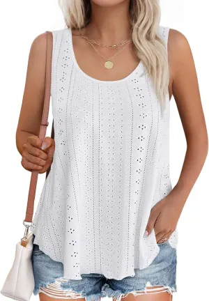 Buauty Women's Tank Tops Sleeveless Camisoles Eyelet Embroidery Shirts Summer Scoop Neck Flowy Loose Fit Dressy Casual Outfit