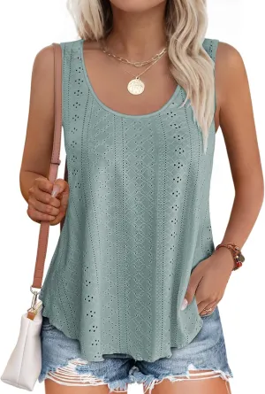 Buauty Women's Tank Tops Sleeveless Camisoles Eyelet Embroidery Shirts Summer Scoop Neck Flowy Loose Fit Dressy Casual Outfit