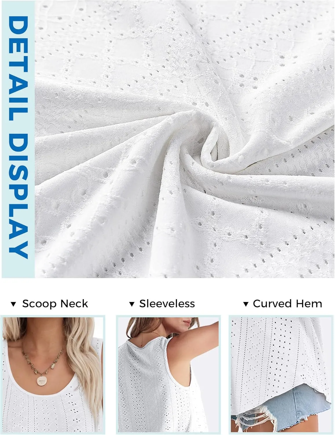 Buauty Women's Tank Tops Sleeveless Camisoles Eyelet Embroidery Shirts Summer Scoop Neck Flowy Loose Fit Dressy Casual Outfit