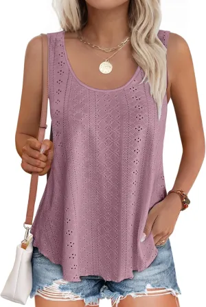 Buauty Women's Tank Tops Sleeveless Camisoles Eyelet Embroidery Shirts Summer Scoop Neck Flowy Loose Fit Dressy Casual Outfit