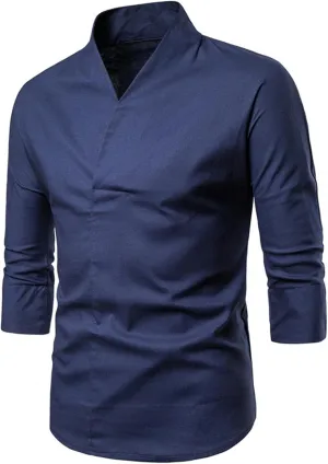 Burband Mens 3/4 Sleeve Cotton Linen V Neck Shirts Hipster Slim Fit Stand Collar Chef Coats Big and Tall Beach Yoga Tops