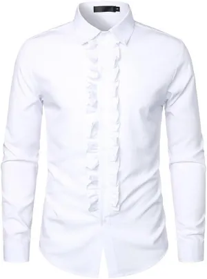 Cambkatl Men's Ruffle Dress Shirts Slim Fit Long Sleeve Stretch Button Down Tuxedo Shirts for Prom Party Wedding
