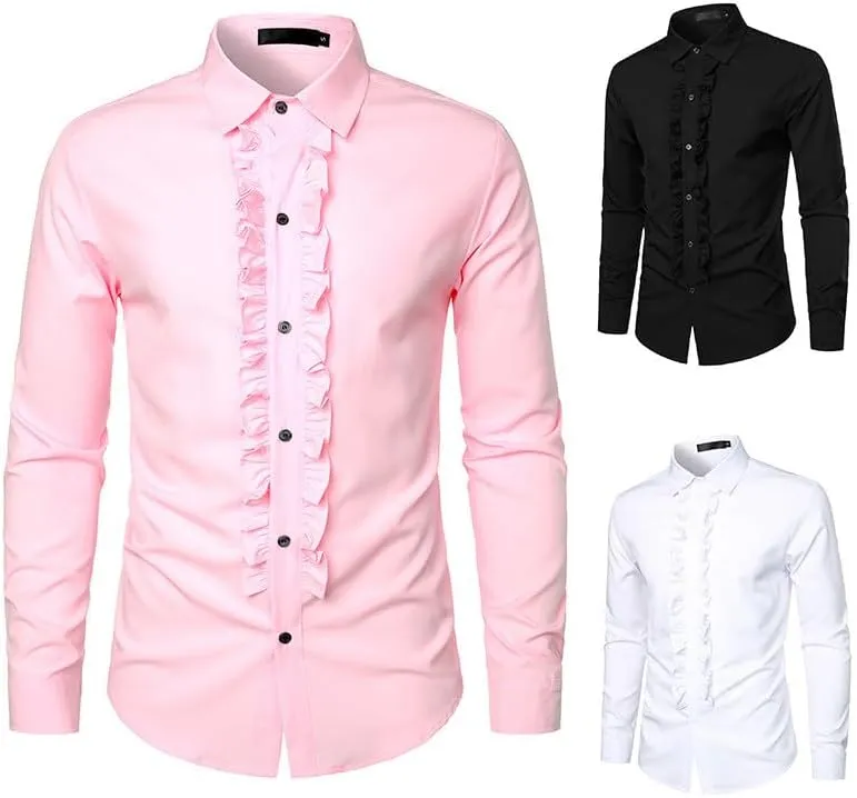 Cambkatl Men's Ruffle Dress Shirts Slim Fit Long Sleeve Stretch Button Down Tuxedo Shirts for Prom Party Wedding