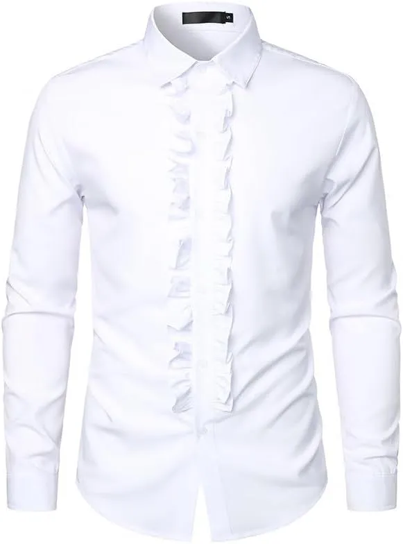 Cambkatl Men's Ruffle Dress Shirts Slim Fit Long Sleeve Stretch Button Down Tuxedo Shirts for Prom Party Wedding