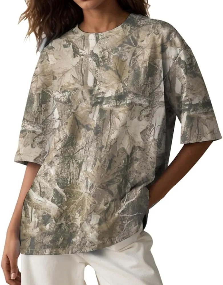 Camo Oversized Shirt Y2k Crewneck Maple Leaf Printed Short Sleeve Unisex Summer Graphic Tees