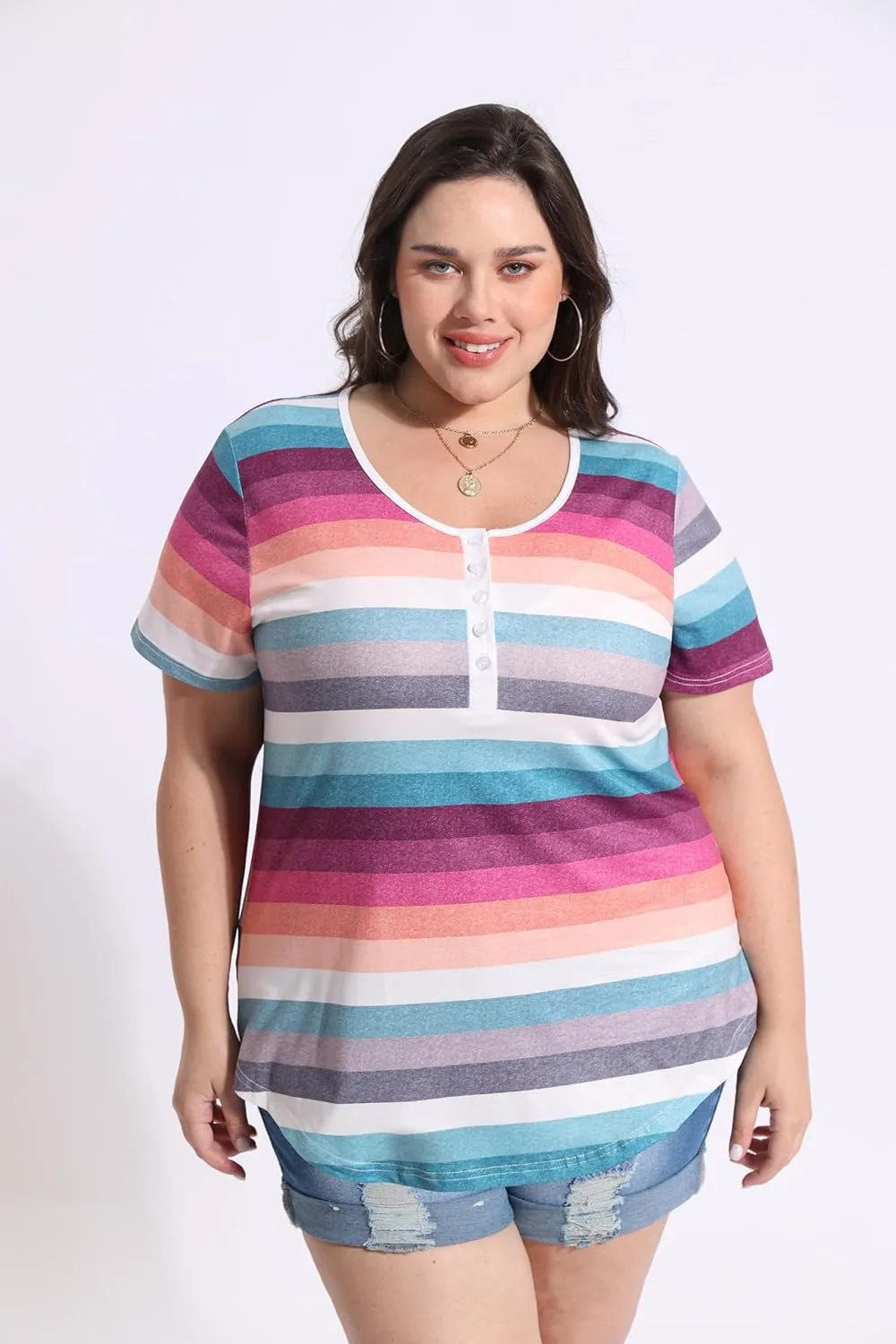 CARCOS Plus Size Tops for Women Button Up Henley Shirts Short Sleeve Summer T-Shirts V/Crewneck Casual Trendy Tunics XL-5XL