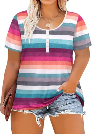 CARCOS Plus Size Tops for Women Button Up Henley Shirts Short Sleeve Summer T-Shirts V/Crewneck Casual Trendy Tunics XL-5XL