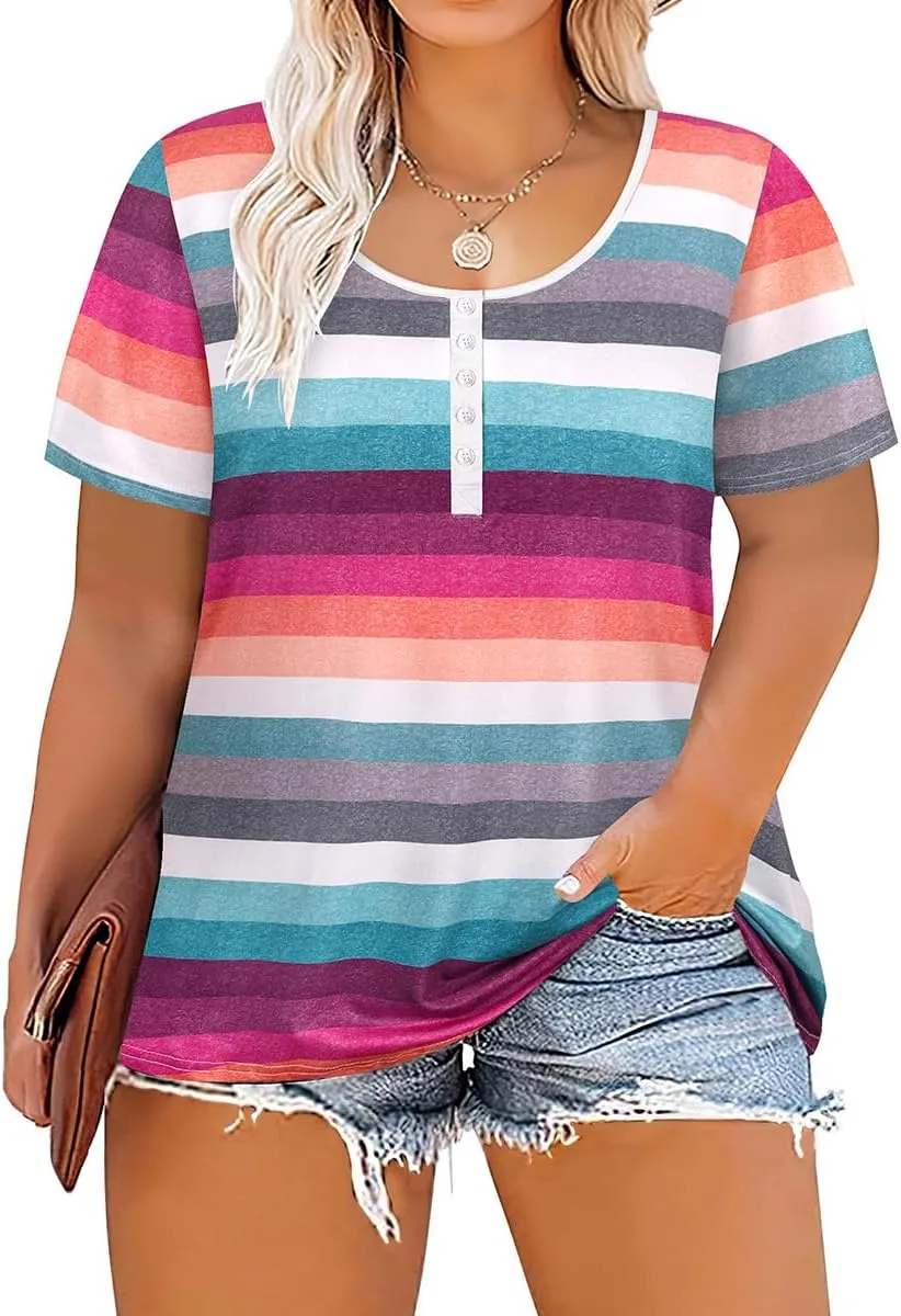 CARCOS Plus Size Tops for Women Button Up Henley Shirts Short Sleeve Summer T-Shirts V/Crewneck Casual Trendy Tunics XL-5XL