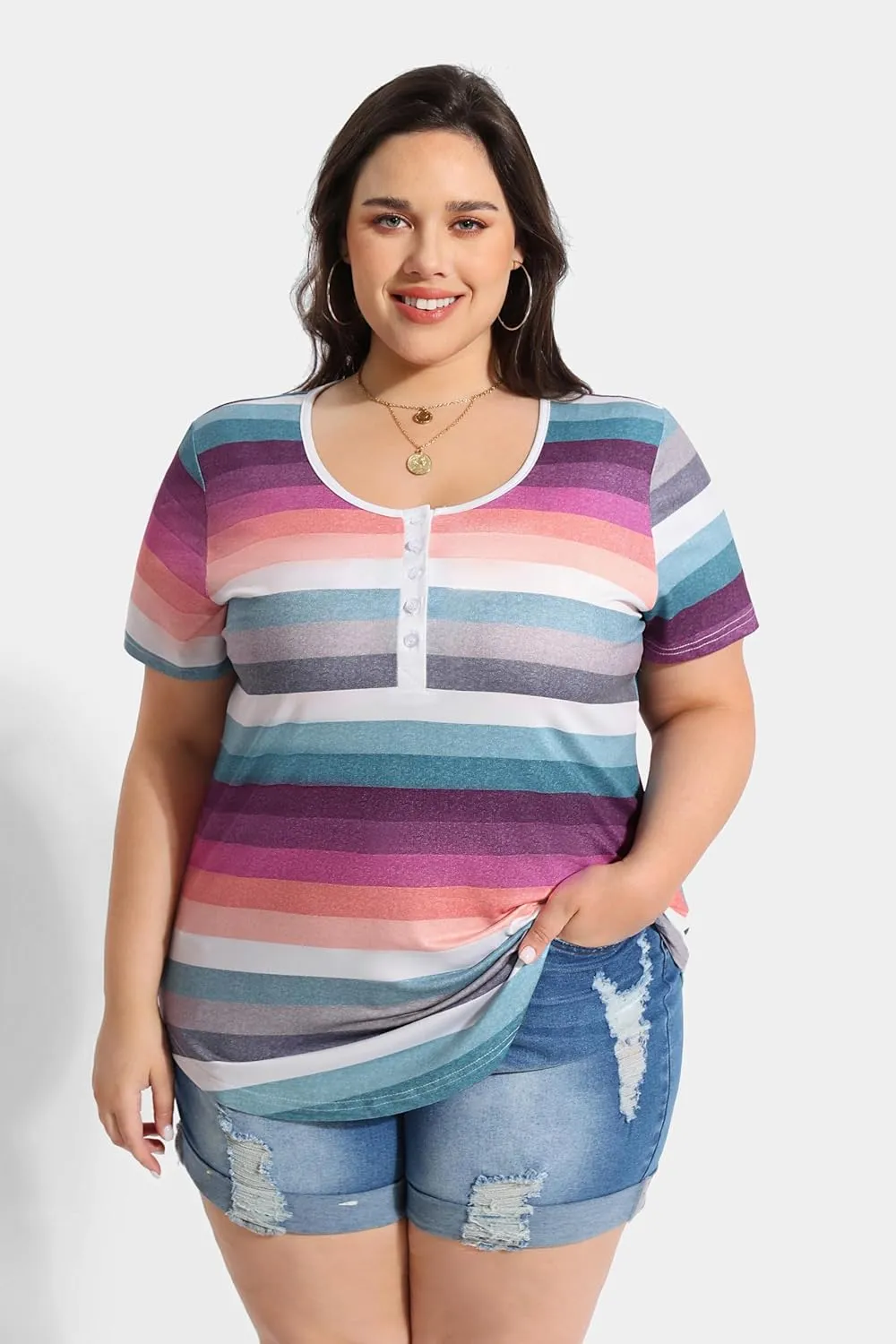 CARCOS Plus Size Tops for Women Button Up Henley Shirts Short Sleeve Summer T-Shirts V/Crewneck Casual Trendy Tunics XL-5XL