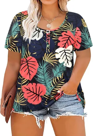 CARCOS Plus Size Tops for Women Button Up Henley Shirts Short Sleeve Summer T-Shirts V/Crewneck Casual Trendy Tunics XL-5XL