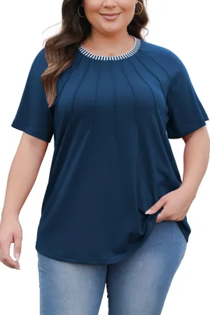 CARRROTMOB Plus Size Blouses for Women Pleated Casual Short Sleeve Round Neck Shirts Dressy Loose Summer Tops