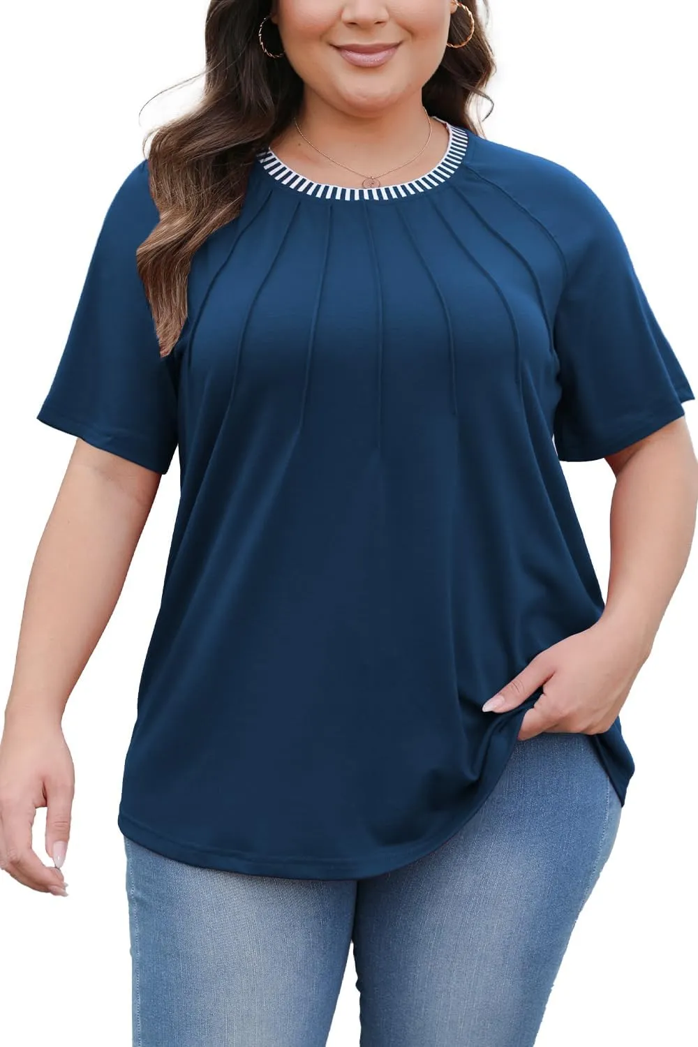 CARRROTMOB Plus Size Blouses for Women Pleated Casual Short Sleeve Round Neck Shirts Dressy Loose Summer Tops