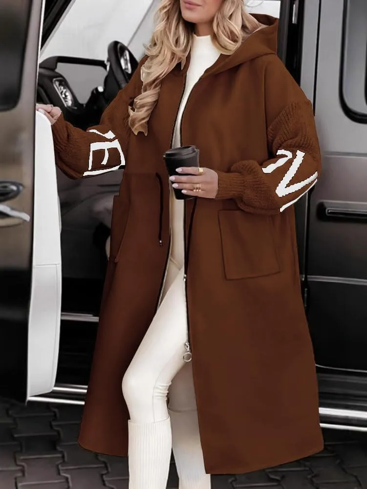 chouyatou Women's Casual Knitted Sleeve Wool Trench Coat Zip Up Hooded Wool Blend Overcoat with Pockets