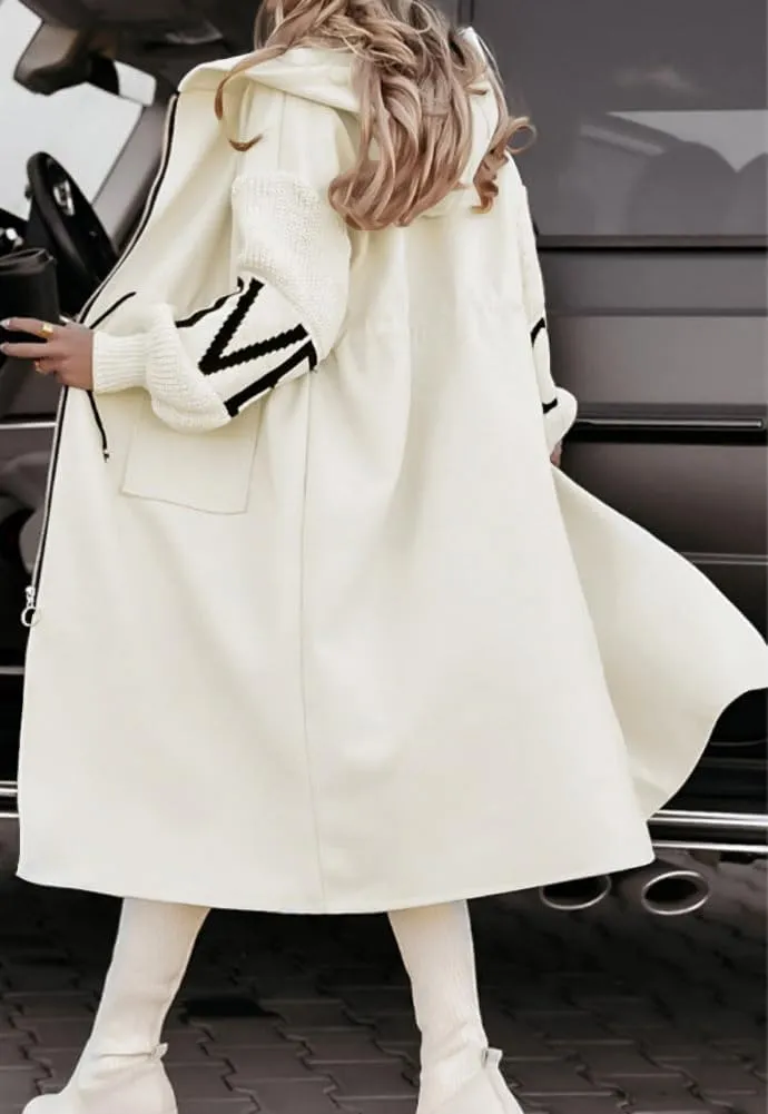 chouyatou Women's Casual Knitted Sleeve Wool Trench Coat Zip Up Hooded Wool Blend Overcoat with Pockets