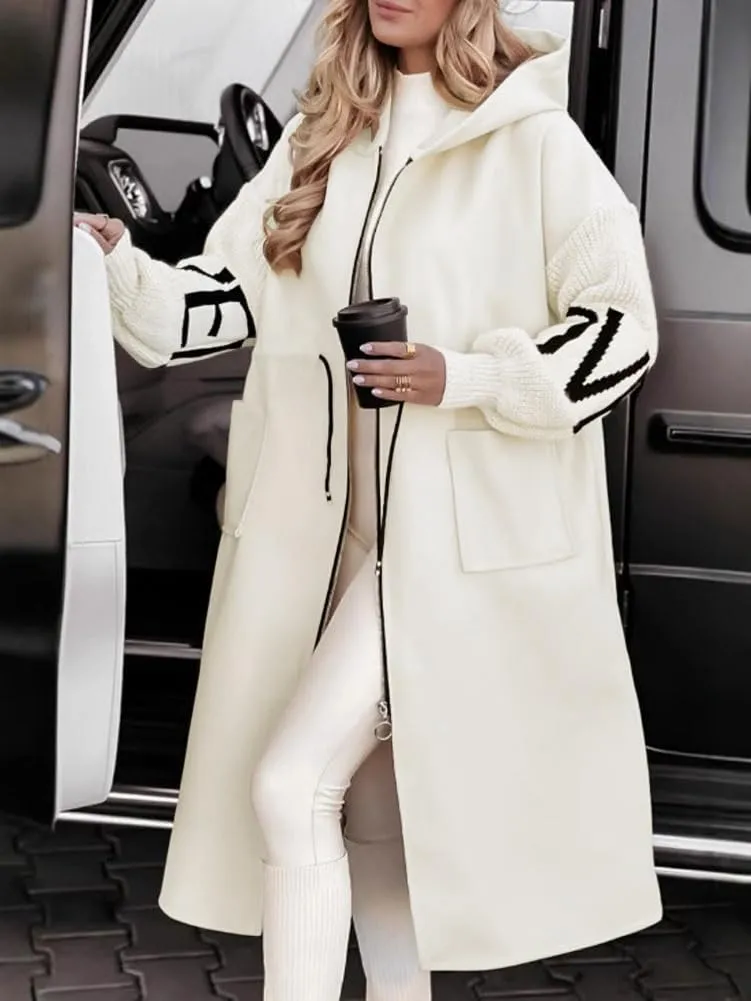 chouyatou Women's Casual Knitted Sleeve Wool Trench Coat Zip Up Hooded Wool Blend Overcoat with Pockets