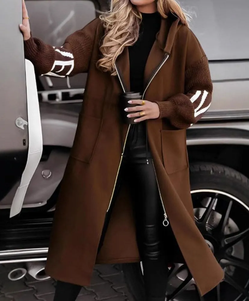 chouyatou Women's Casual Knitted Sleeve Wool Trench Coat Zip Up Hooded Wool Blend Overcoat with Pockets