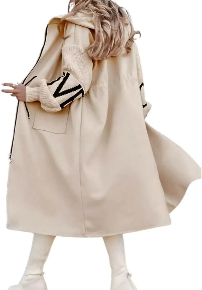 chouyatou Women's Casual Knitted Sleeve Wool Trench Coat Zip Up Hooded Wool Blend Overcoat with Pockets
