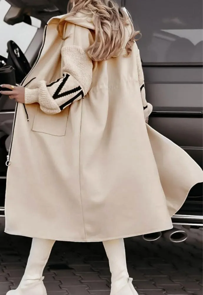 chouyatou Women's Casual Knitted Sleeve Wool Trench Coat Zip Up Hooded Wool Blend Overcoat with Pockets