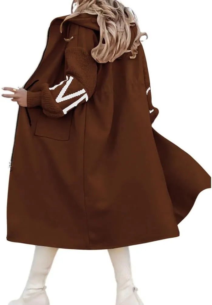 chouyatou Women's Casual Knitted Sleeve Wool Trench Coat Zip Up Hooded Wool Blend Overcoat with Pockets