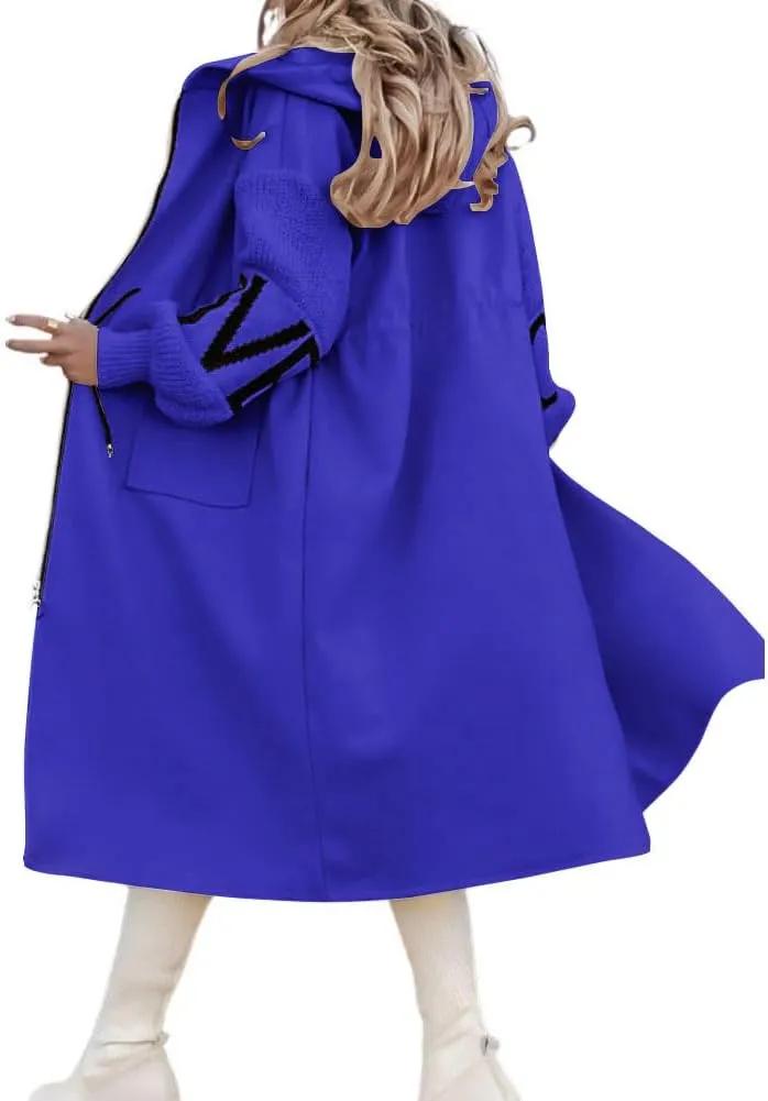 chouyatou Women's Casual Knitted Sleeve Wool Trench Coat Zip Up Hooded Wool Blend Overcoat with Pockets
