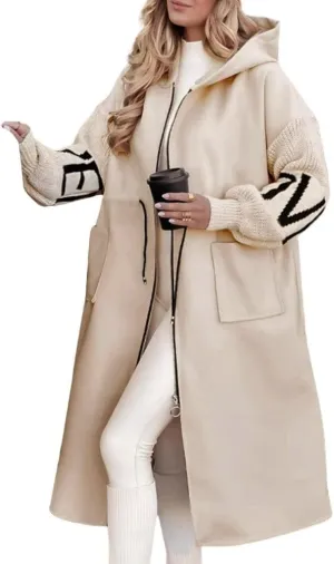 chouyatou Women's Casual Knitted Sleeve Wool Trench Coat Zip Up Hooded Wool Blend Overcoat with Pockets