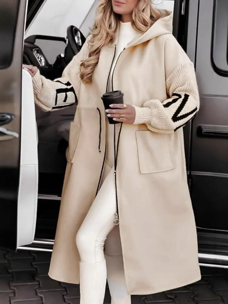 chouyatou Women's Casual Knitted Sleeve Wool Trench Coat Zip Up Hooded Wool Blend Overcoat with Pockets