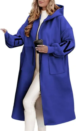 chouyatou Women's Casual Knitted Sleeve Wool Trench Coat Zip Up Hooded Wool Blend Overcoat with Pockets