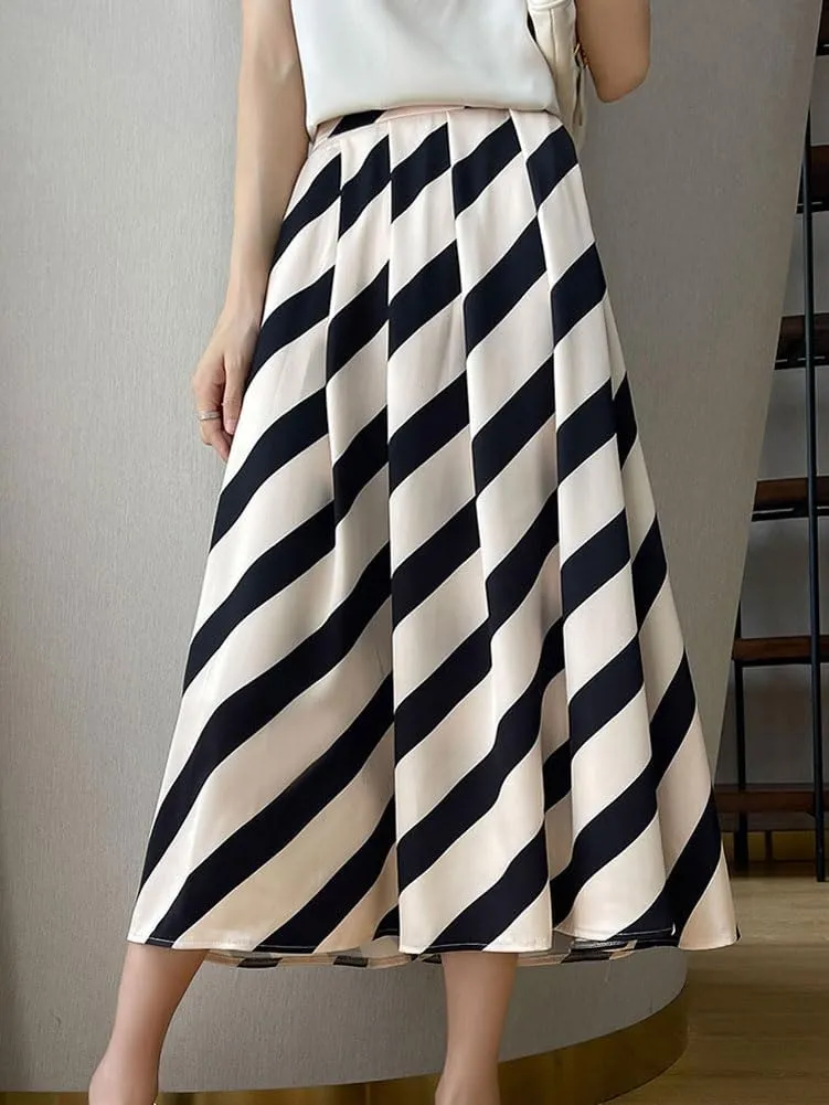 chouyatou Women's Color Block Striped Pleated Skirt High Elastic Waist A Line Business Casual Midi Long Skirt