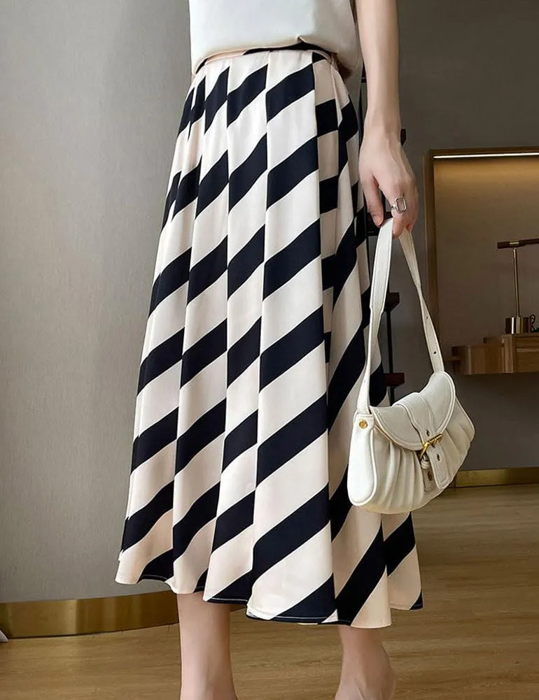 chouyatou Women's Color Block Striped Pleated Skirt High Elastic Waist A Line Business Casual Midi Long Skirt