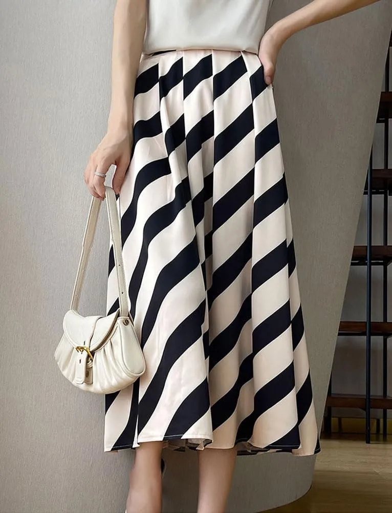 chouyatou Women's Color Block Striped Pleated Skirt High Elastic Waist A Line Business Casual Midi Long Skirt