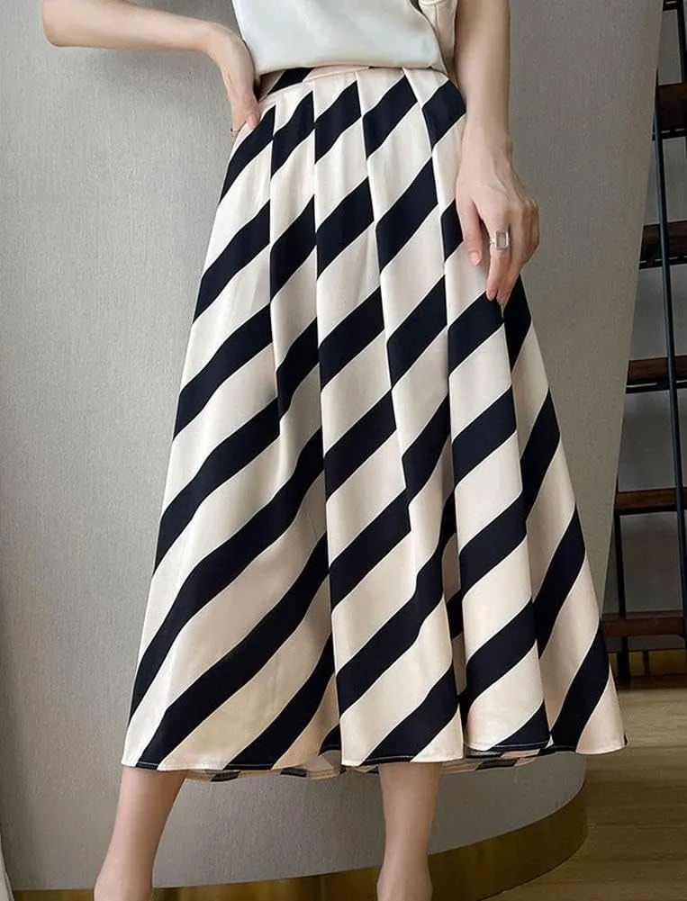 chouyatou Women's Color Block Striped Pleated Skirt High Elastic Waist A Line Business Casual Midi Long Skirt