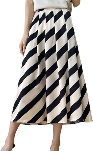 chouyatou Women's Color Block Striped Pleated Skirt High Elastic Waist A Line Business Casual Midi Long Skirt