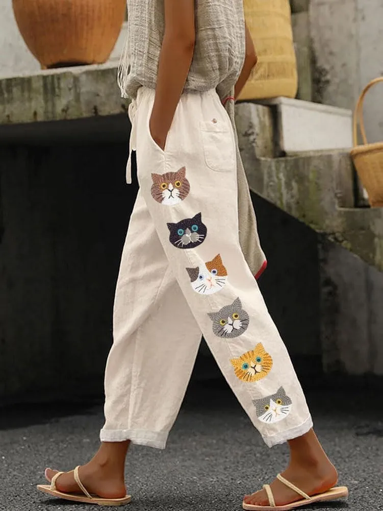 chouyatou Women's Cute Cat Pattern Wide Leg Pants High Elastic Waist Capri Beach Palazzo Pants with Pockets