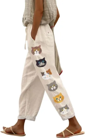 chouyatou Women's Cute Cat Pattern Wide Leg Pants High Elastic Waist Capri Beach Palazzo Pants with Pockets