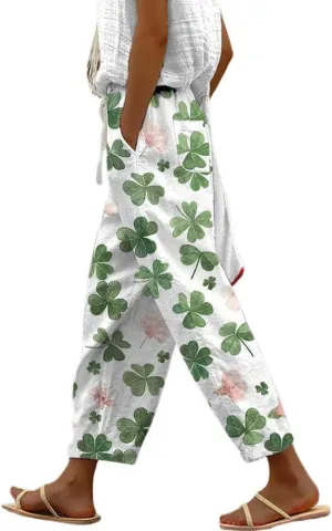 chouyatou Women's Vintage Floral Print High Elastic Waist Wide Leg Capri Beach Palazzo Pants with Pockets