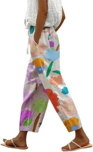 chouyatou Women's Vintage Floral Print High Elastic Waist Wide Leg Capri Beach Palazzo Pants with Pockets