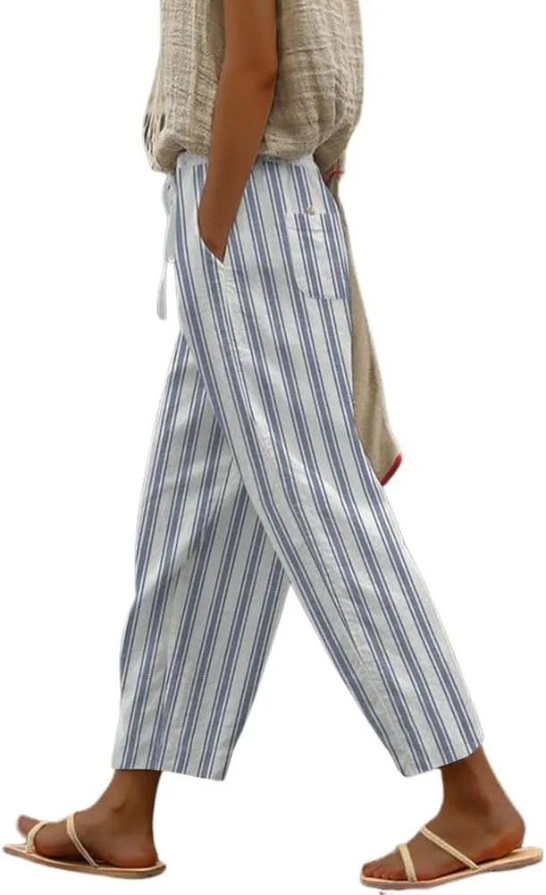 chouyatou Women's Vintage Floral Print High Elastic Waist Wide Leg Capri Beach Palazzo Pants with Pockets