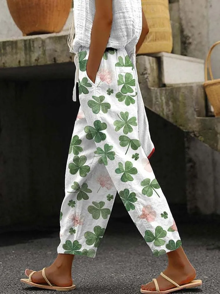 chouyatou Women's Vintage Floral Print High Elastic Waist Wide Leg Capri Beach Palazzo Pants with Pockets
