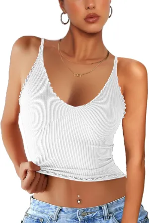 CHYRII Women 3 Pack Ruffled V Neck Cropped Tops Workout Basic Ribbed Camisole Tank Tops