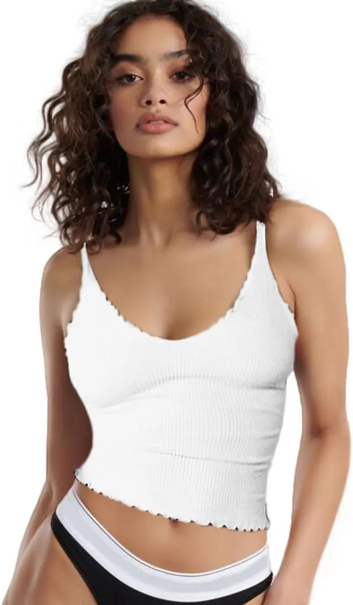 CHYRII Women 3 Pack Ruffled V Neck Cropped Tops Workout Basic Ribbed Camisole Tank Tops