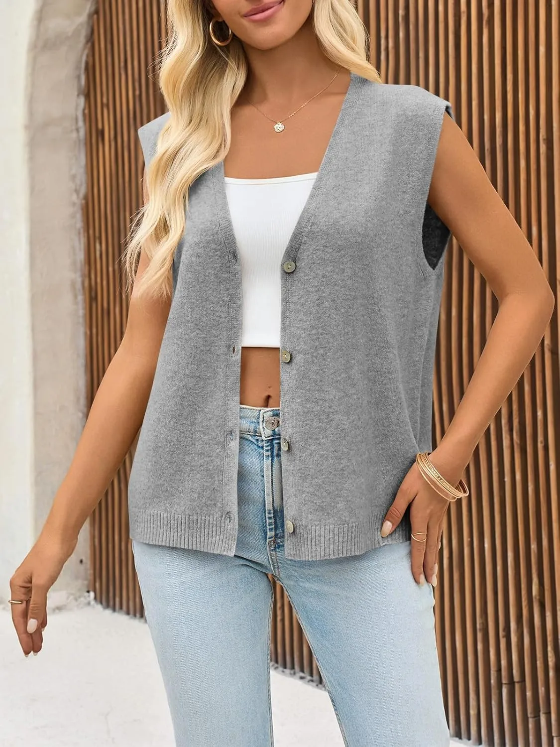 Cicy Bell Womens V Neck Sweater Vest Casual Button Down Knit Vest Outerwear Sleeveless Trendy Cardigans