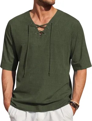 COOFANDY Men Linen Cotton Shirt Beach Lace Up V Neck Shirts Hippie Viking Meditation Tunic