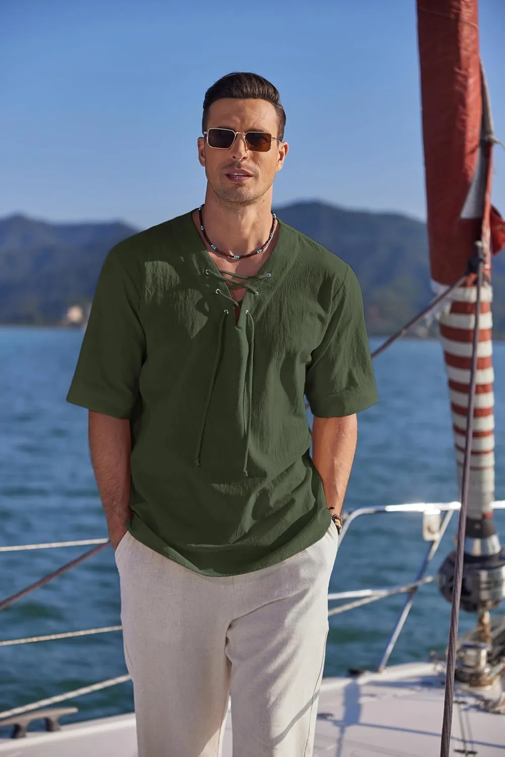 COOFANDY Men Linen Cotton Shirt Beach Lace Up V Neck Shirts Hippie Viking Meditation Tunic