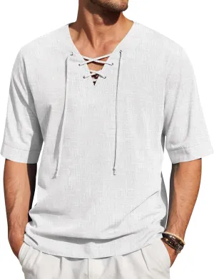 COOFANDY Men Linen Cotton Shirt Beach Lace Up V Neck Shirts Hippie Viking Meditation Tunic