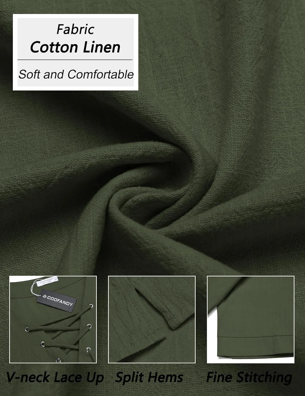 COOFANDY Men Linen Cotton Shirt Beach Lace Up V Neck Shirts Hippie Viking Meditation Tunic