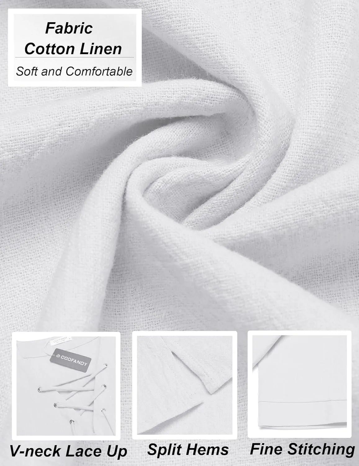 COOFANDY Men Linen Cotton Shirt Beach Lace Up V Neck Shirts Hippie Viking Meditation Tunic