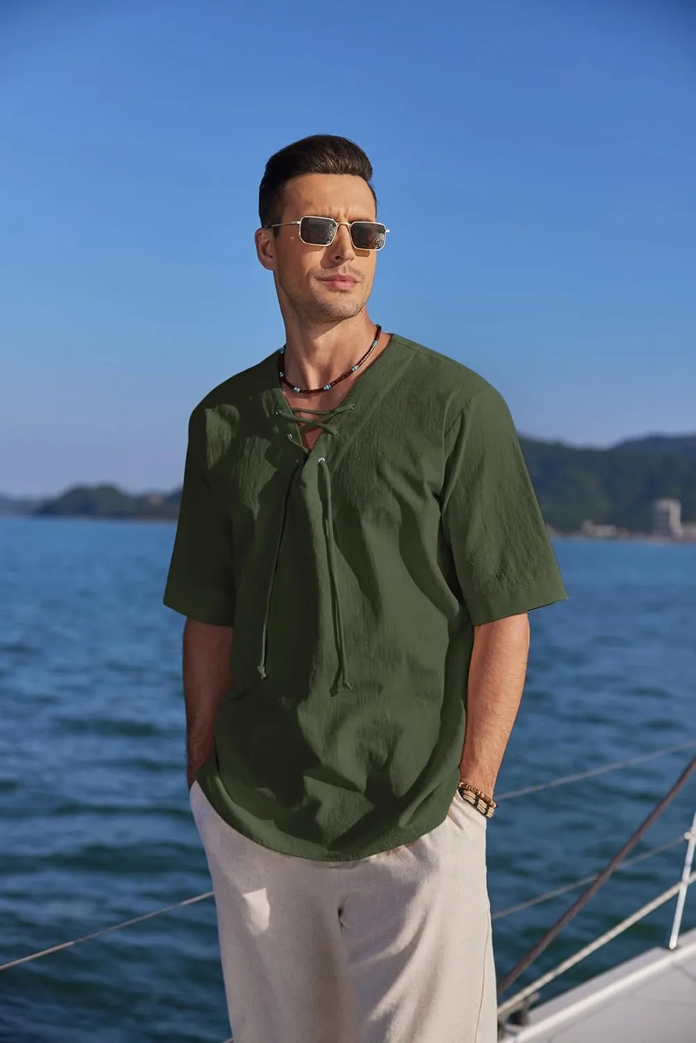 COOFANDY Men Linen Cotton Shirt Beach Lace Up V Neck Shirts Hippie Viking Meditation Tunic